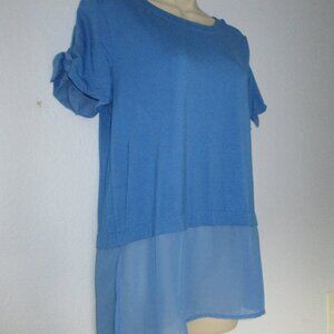 August Silk womens sz S blue bow sleeve top shirt blouse chiffon rayon slits New